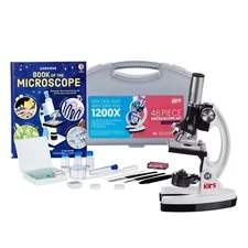 AMSCOPE 48pc 120X-1200X Starter Compound Microscope Science Kit (White) + Book