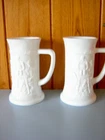 2 Vtg Federal  Milk Glass 6" Beer Mug Stein- Embossed Tavern Scene - Mint!