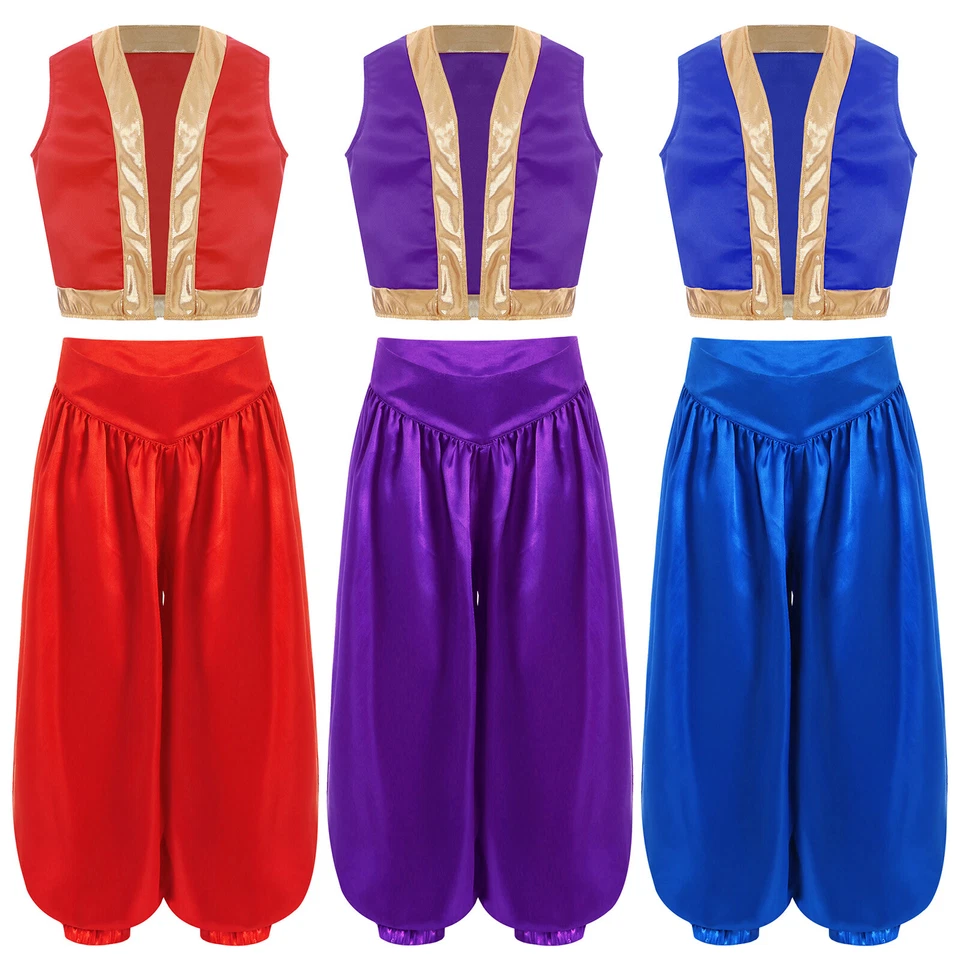 Niños Niñas Niños Disfraz Árabe Juegos con disfraces Ropa de Juego Vacaciones Conjunto de 2 Piezas Ajuste Dorado Foto 3 de 3