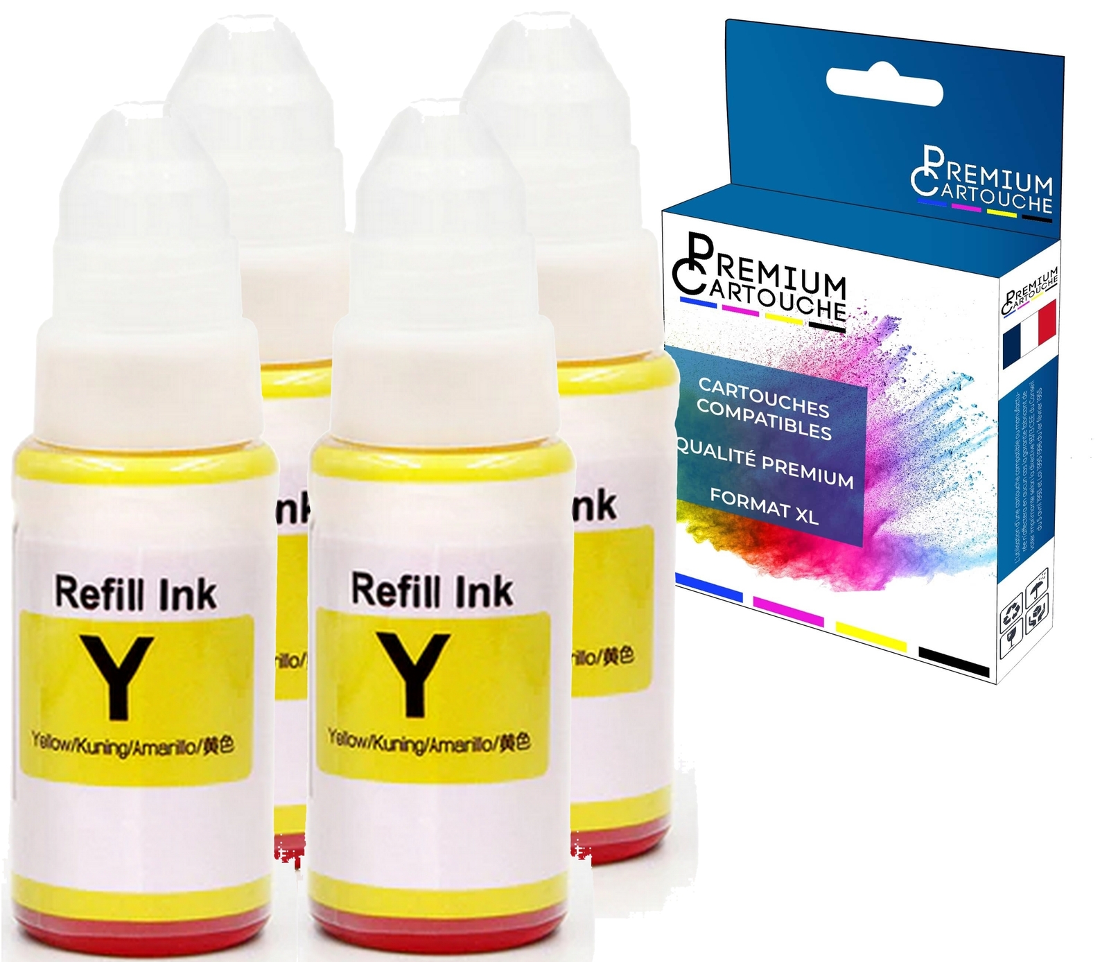 Cartouche encre GI590 jaune compatible Canon en lot de 4 bouteilles de 70 ml