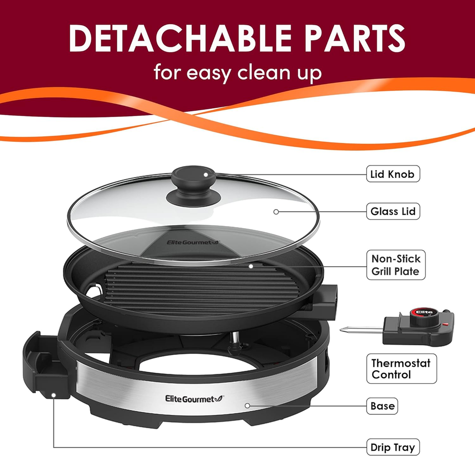 EMG6505G Smokeless Indoor Electric BBQ Grill with Glass Lid, Dishwasher