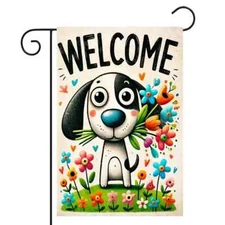*NEW* ADORABLE ~ DOG WITH FLOWERS GARDEN FLAG ~ 12 X 18 ~ DURABLE POLYESTER