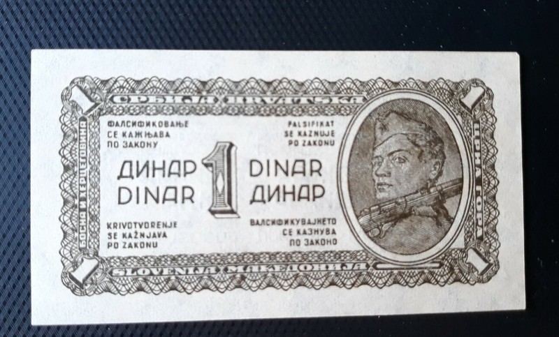 1944- Yugoslavia 1 Dinar ( Small Note) Unc.