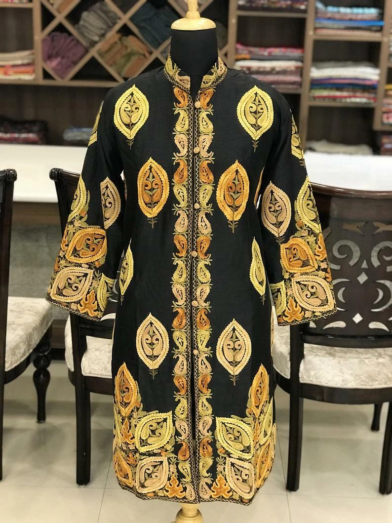 Black Long Coat with Yellow Multi Colour Kashmiri Boteh Embroidery