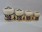 Vintage Wooden White Barrel Blue Flowers Canister Set Ceramic 4 Containers Lids