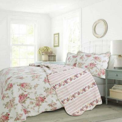NEW! ~ COZY SHABBY CHIC COTTAGE PINK GREEN LEAF PEACH PURPLE RED ROSE QUILT SET
