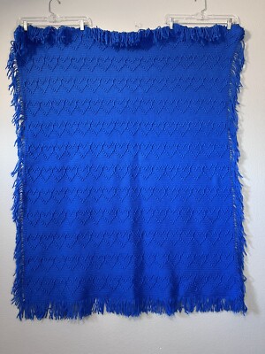 Vintage Handmade Royal Blue Crocheted Afghan Blanket Heart Stitch With Fringe