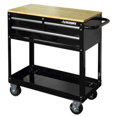 #ad #ad NEW HUSKY Black Rolling Tool Cart 36quot; 3 Drawer W Wood Top Push Bar Side Handle $328.58