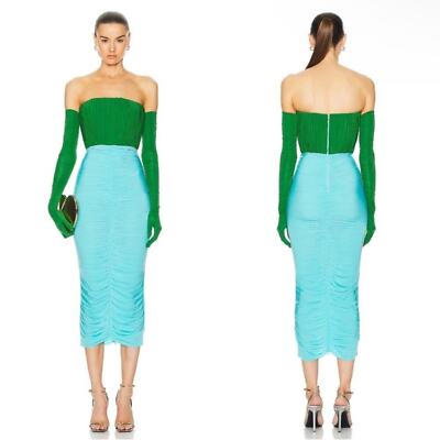 Alex Perry Strapless Ruched Jersey Green and Blue Midi Dress with Gloves Size 2