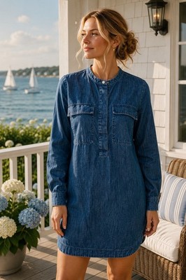 J.Crew Denim Shift Women's Dress XS Blue Cotton Long Sleeve Band Collar