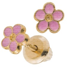 14K Yellow Gold Pink Enamel Flower Baby Earrings