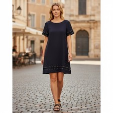 Tahari Arthur S Levine Navy Shift Dress Sz 8 Lace Up Grommet Trim Career Sheath