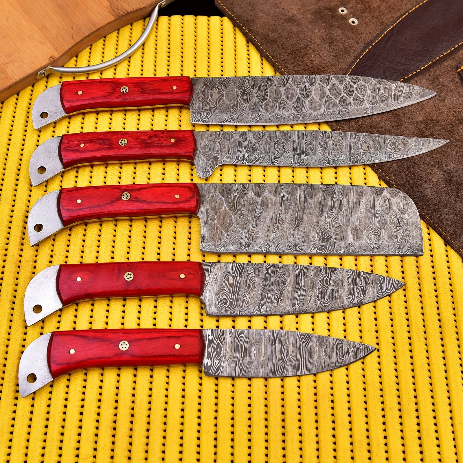 5pc Handmade Damascus Steel Chef Knife Set Red Pakkawood + Leather Roll