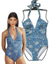Nwt BODEN US 8 Long Gardenia Blue ITHICA 1-PIECE HALTER SWIMSUIT Lined