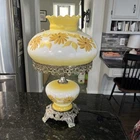 Vintage 3-Way Milk Glass Gone With The Wind Hurricane Lamp W/ Yellow Flower 18."