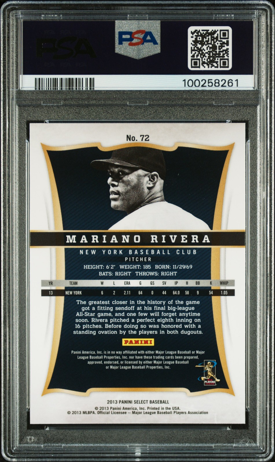 2013 PANINI SELECT #72 MARIANO RIVERA PSA 10 view 2