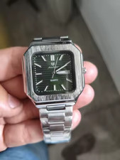 Men's Square Silver Stainless Steel Quartz Watch Green Dial Analog Date Fashion