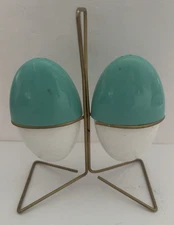 Vintage Atomic Egg Salt & Pepper Shakers w/Metal Stand - Retro 1950