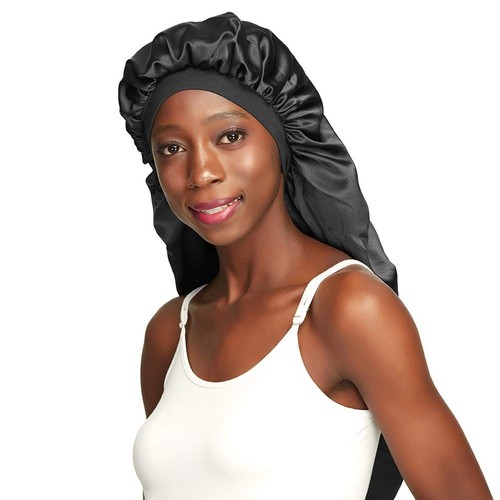 Double-Layer Satin Sleep Cap for Long Hair Braids Dreadlocks X-Large Black