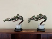 Set of 2 Vintage Large Chinese Jade Gemstone Flowers Bonsai Tree Sculpture