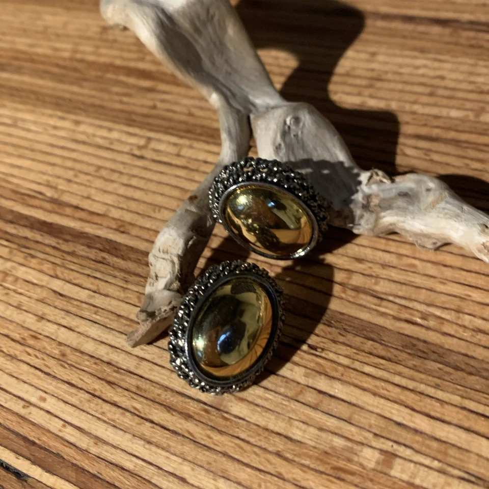 Two Tone Silver Gold Shiny Oval Stud Omega Earrings Signed Premier Designs 90s - Image 3 of 4