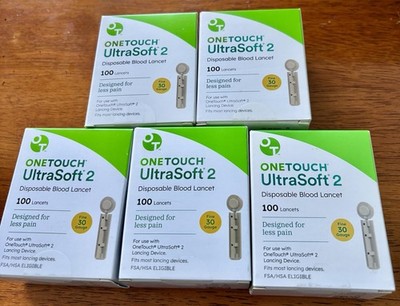 Lot of 5 boxes OneTouch Ultra Soft 2 blood lancets 30G - Exp. 2-28 or later.