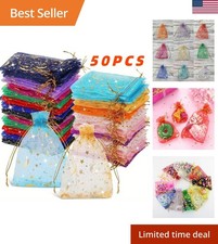 50pcs Organza Drawstring Gift Bags Moon Star Jewelry Pouches Wedding Party Mix