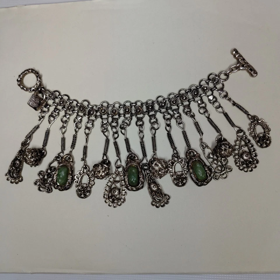 Rare Vintage 1980s ALEXIS LAHELLEC PARIS Silver Tone Charm Bracelet Green Caboch - Photo 2/3