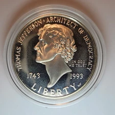 1993-S U.S. Thomas Jefferson 250th Anniversary Proof Silver Dollar