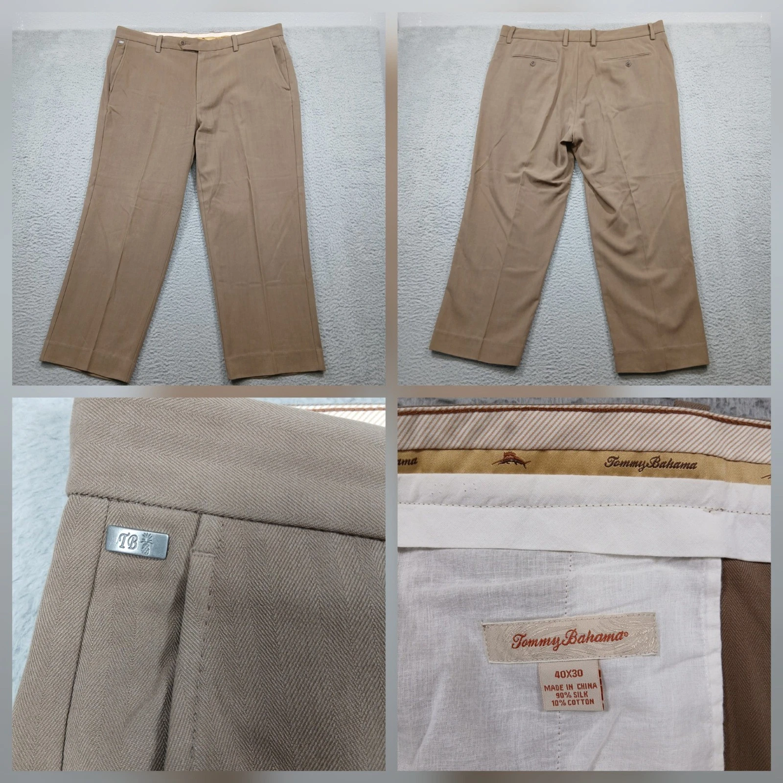 Tommy Bahama Silk Blend Pants Mens 40x30 Tan Herringbone Flat Front