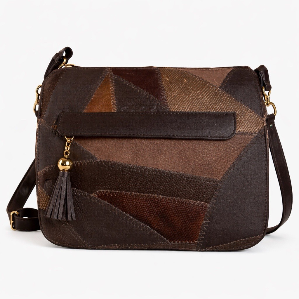 Genuine Leather Patchwork Boho Crossbody Bag Brow… - image 2