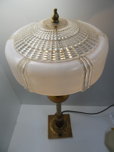 VINTAGE ART DECO STYLE BRASS STEM GLASS SAUCER SHADE DESK TABLE LAMP FLUTED WOOD - Bild 13 von 21