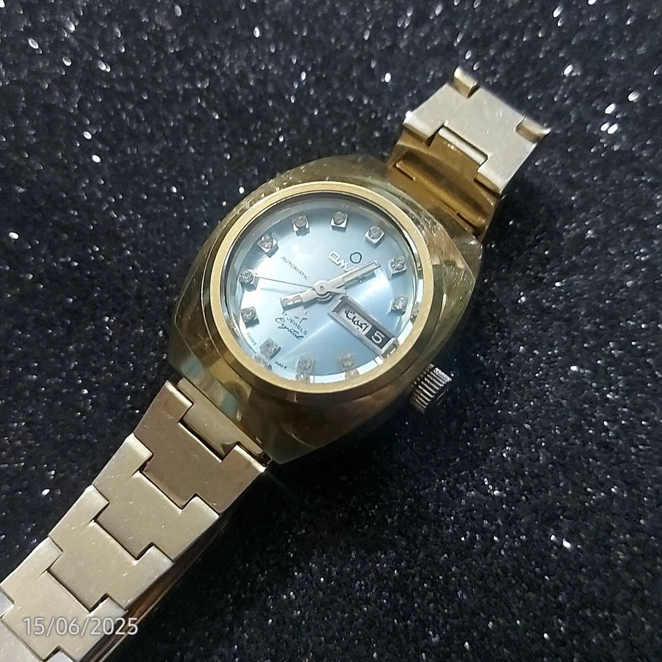 Vintage Omax Automatic Sunburst Blue Gold Plated Watch Day/Date 31 mm Swiss Made - Image 2 of 4