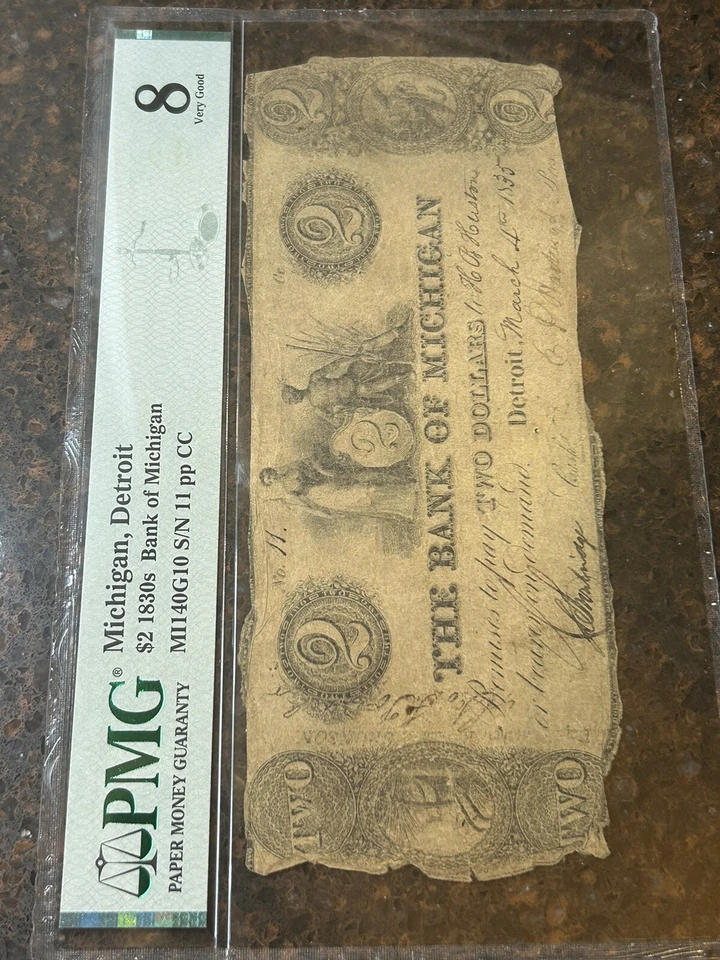 SASA 1830s The Bank Of Michigan Detroit $2 Serial Number 11 Pmg Vg8 - Image 2 of 4