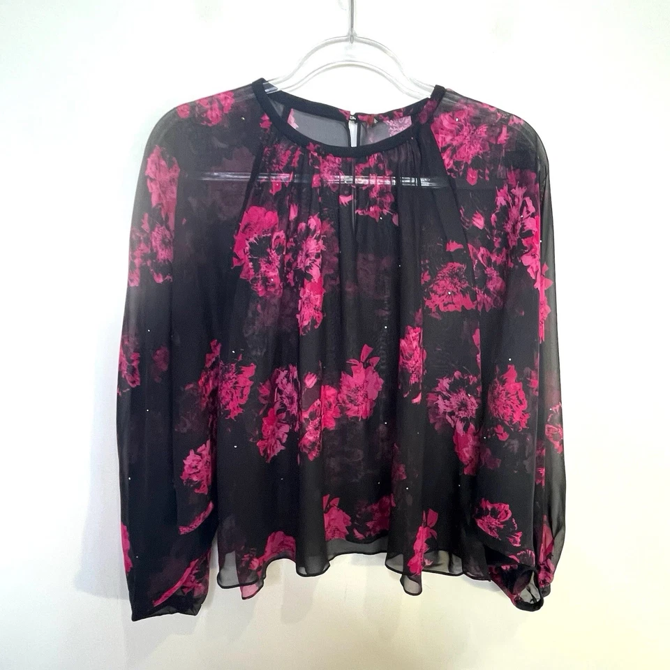 Blusa Max Mara Talla S 8 10 Negra y Rosa Floral Seda Gasa Adornada Foto 2 de 4