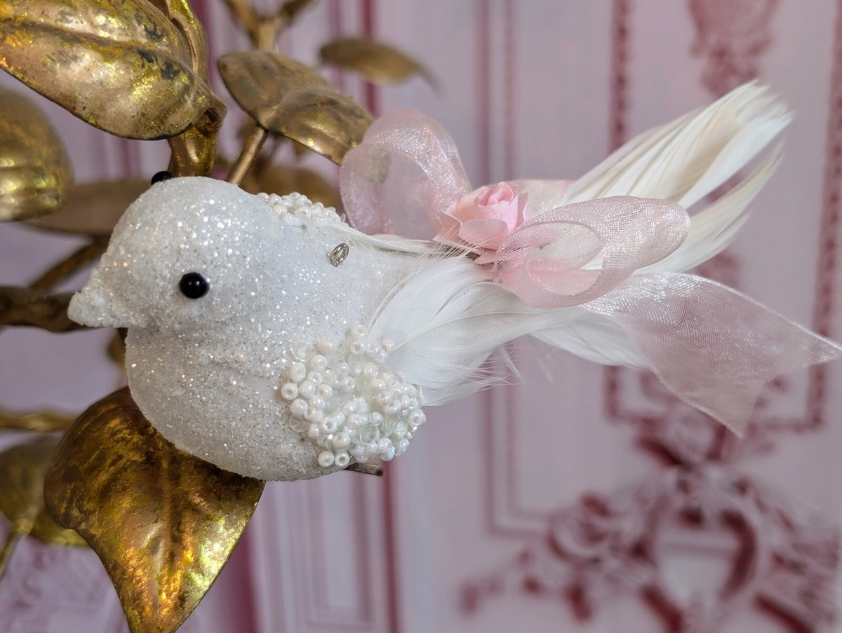 Shabby Chic Victorian White Bird Ornament – Pink Rose & Feather, Clip-On Christmas Tree Decor