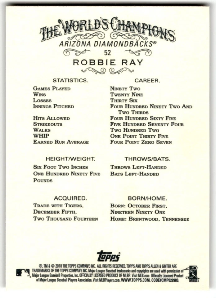 2018 Topps Allen & Ginter Robbie Ray #52 Arizona Diamondbacks - Image 2 of 2