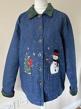 Christmas Women Denim Jacket Size Small 8-10 Christmas Tree Snowman Embroidery