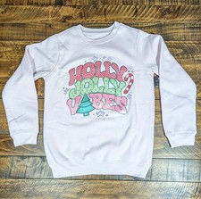 Christmas Kids Holly Jolly Vibes Blush Pink XL 12/14 Crew Neck Sweatshirt NEW