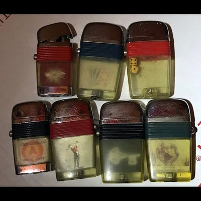 7 vintage c 1950s-60s Scripto-VU Cigarette Lighters POKER DICE GOLF NYWF & more
