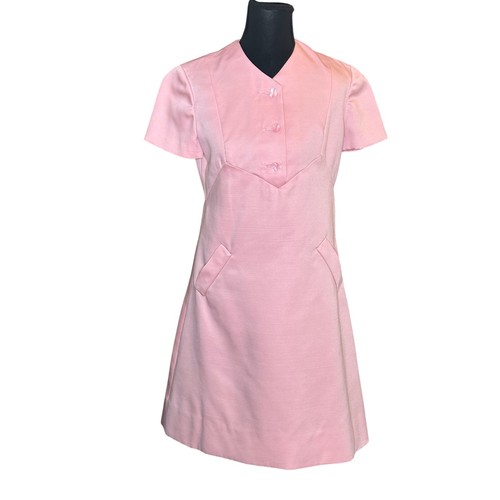 Vintage 60s Mod Pink Shift Dress Short Sleeve A-Line Pocketed Retro Mini Dress, $75