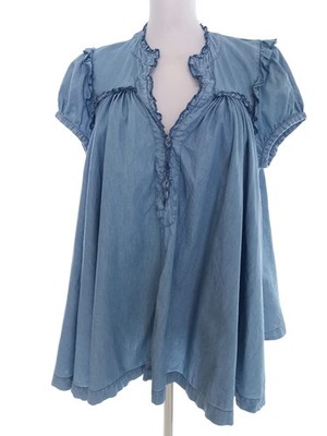 CUSTOMMADE Damen Tunika Bluse Gr. 42 Blau Baumwolle 100% Kurzer Ärmel Rüsche