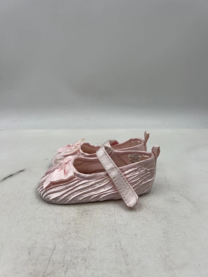 Bebé Mary Jane Zapatos Infantes Niñas 9-12 Meses Rosa Satinado Arco Cuna Suela Suave Foto 2 de 4