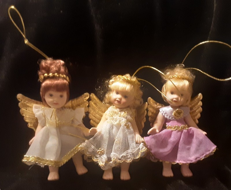 Vintage Camo Angel Christmas Ornament Porcelain 4.5" poseable Lot of 3 Angels