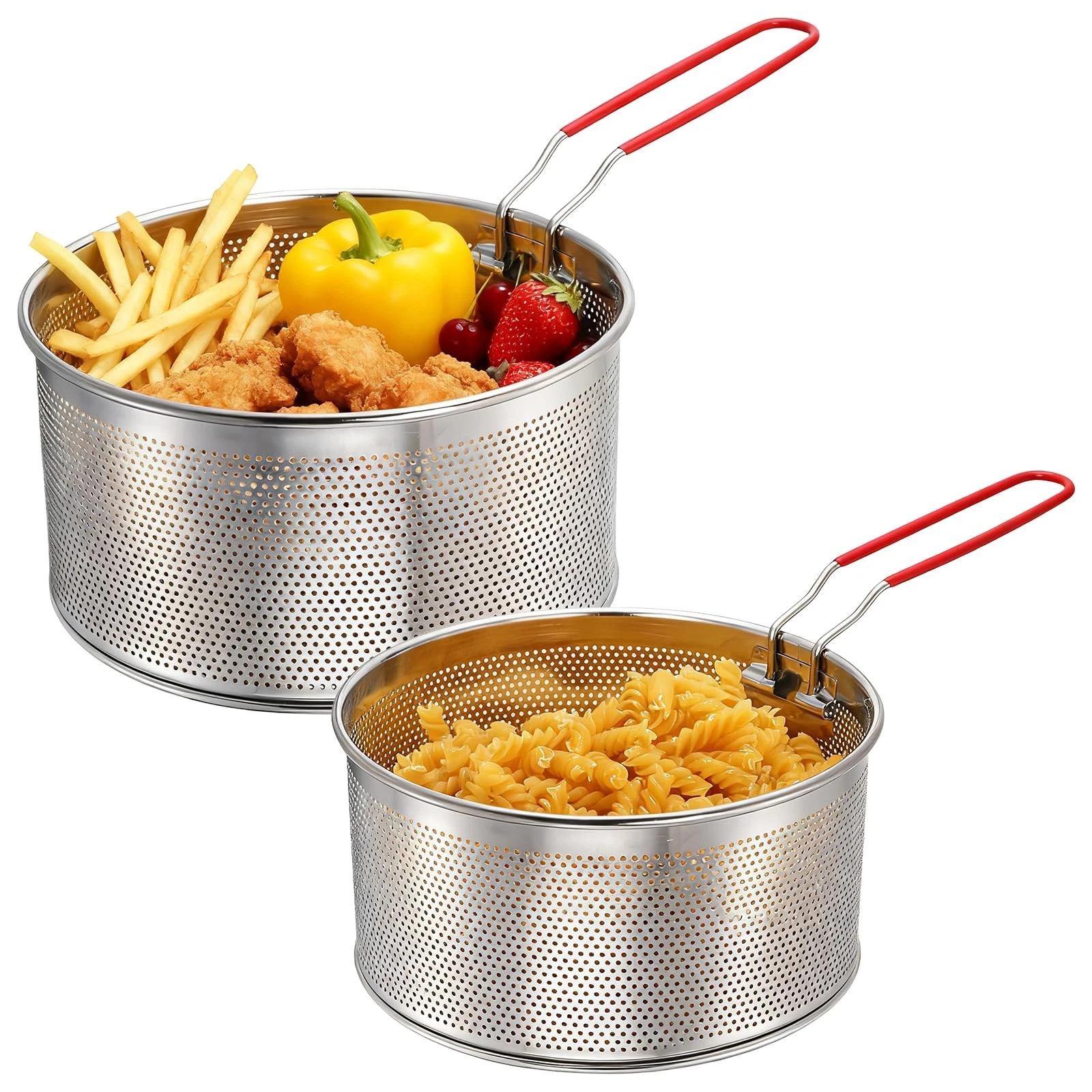 2 Pcs Stainless Steel Removable Handle Deep Fry Noodle Pasta Strainer Basket