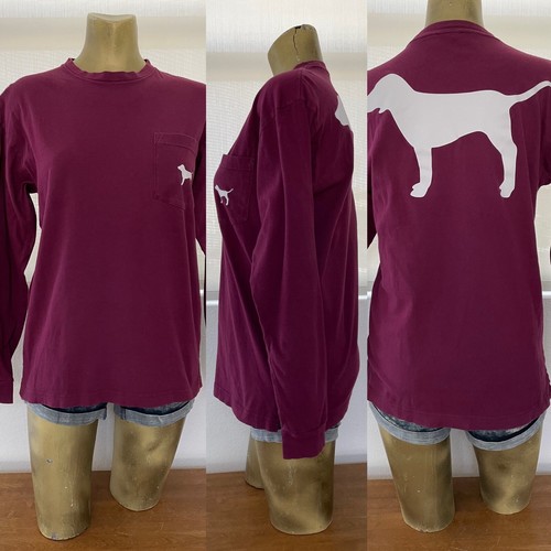 T-shirt Victoria's Secret ROSA bordeaux manica lunga logo grande - Foto 3 di 7