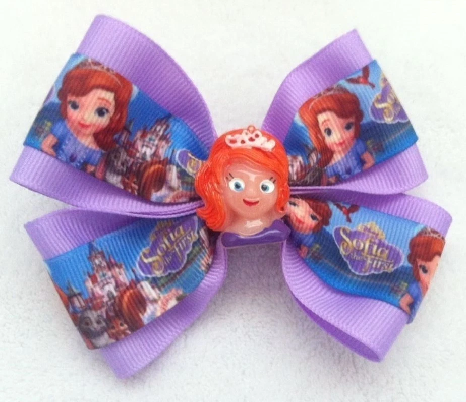 Moño de pelo para niñas de 4" de ancho Sofía la primera cinta púrpura grosgrain pasador francés Foto 3 de 4