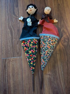 2 Czech MU BRNO Handmade Vtg Horned Man & Bubushka On Wooden Stick WCone Puppet 