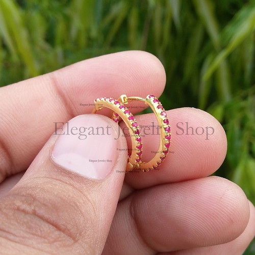 Ruby Small Inside Out Hoop Earrings 14k Yellow Gold Fine Jewelry Wedding Gifts - Picture 3 of 3