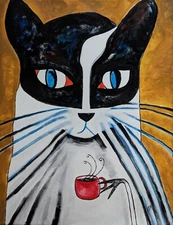 Cat Painting Collectible Original Coffee House Abstract Folk Art Samantha McLean